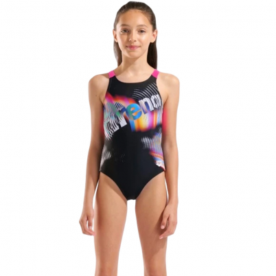 Arena - Girls Lit Logo Swimsuit V Back Black/Shock...