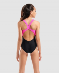 Arena - Girls Lit Logo Swimsuit V Back Black/Shocking Pink