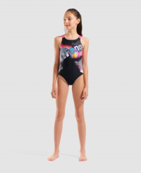 Arena - Girls Lit Logo Swimsuit V Back Black/Shocking Pink