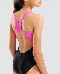 Arena - Girls Lit Logo Swimsuit V Back Black/Shocking Pink